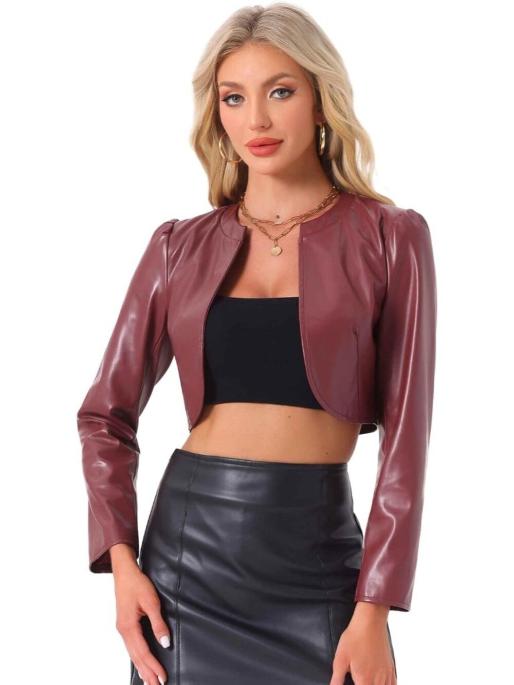Women’s Wine Red Faux Leather Cropped Jacket Open Front Long Sleeve PU Coat